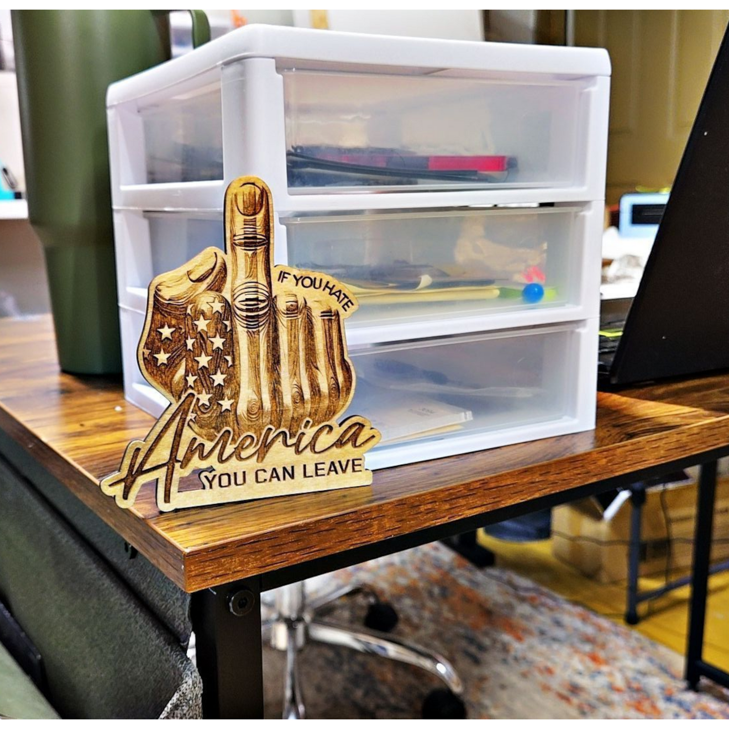 Wooden American Flag hand gesture desk prop sign