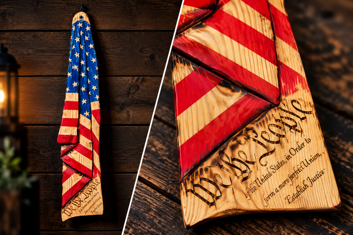 DRAPED GLORY with Preamble - Hand-carved Draped Wood Flag