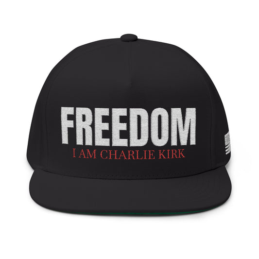 Freedom , I am Charlie Kirk Flat Bill Hat White Embroidery