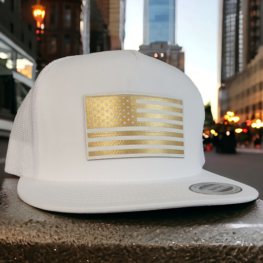 WHITE FLAT BILL TRUCKER/WHITE GOLD FLAG