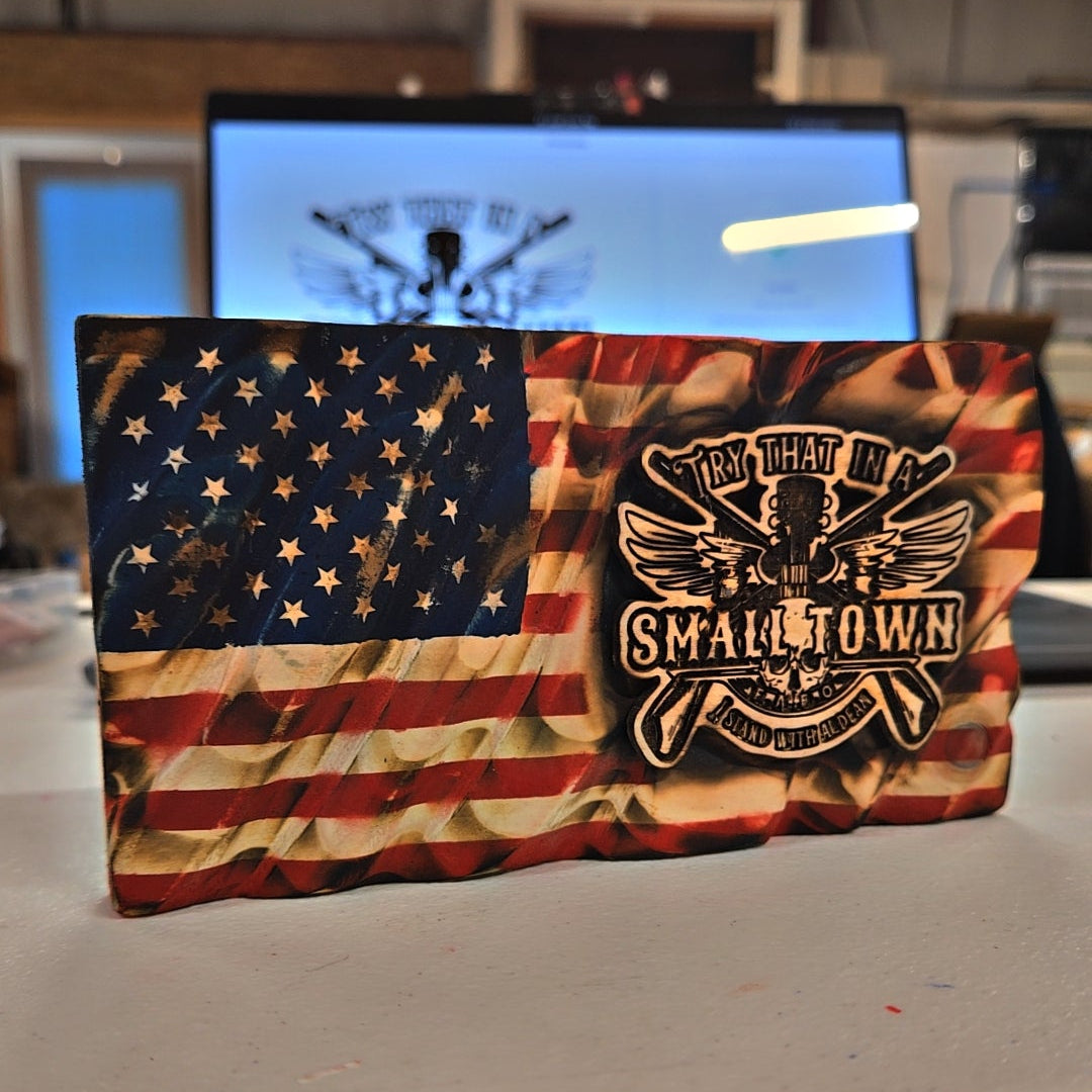 Hand-Carved Wavy Wooden American Flag – 6" Desktop Decor