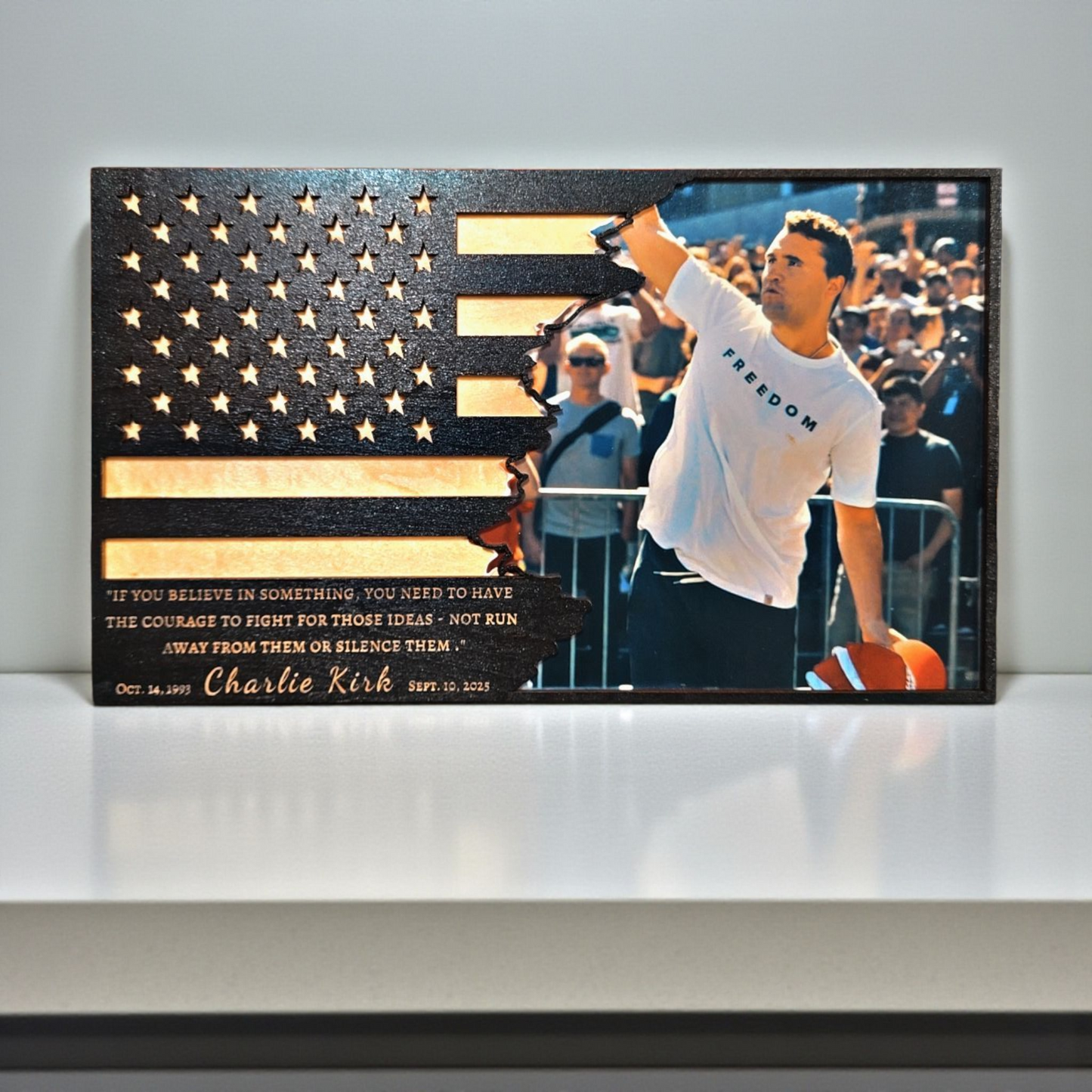 Handmade Wooden Charlie Kirk American Flag – 12" x 20"