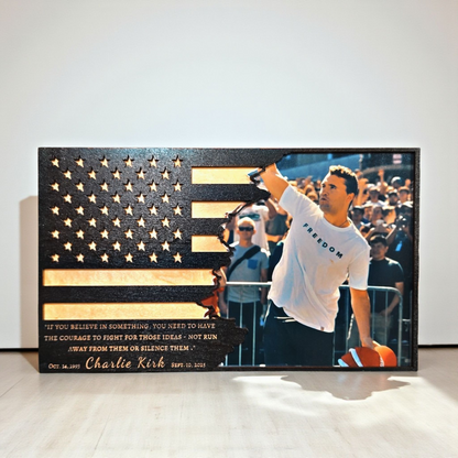 Handmade Wooden Charlie Kirk American Flag – 12" x 20"