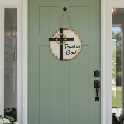 Trust in God Door Hanger – Christian Cross Front Door Wreath with Crown of Thorns | Farmhouse Faith Decor
