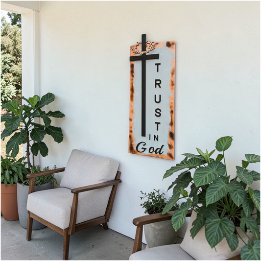 HANGING CROSS TRUST IN GOD PORCH LEANER 18"