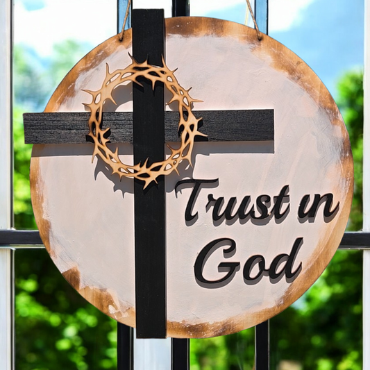 Trust in God Door Hanger – Christian Cross Front Door Wreath with Crown of Thorns | Farmhouse Faith Decor