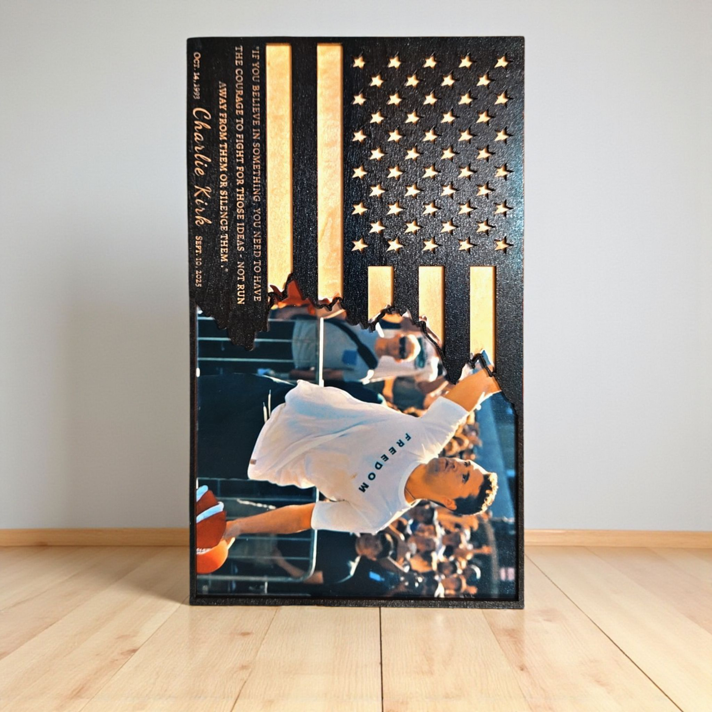 Handmade Wooden Charlie Kirk American Flag – 12" x 20"